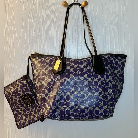 Coach Handbags - Coach Taxi Tote Signature Coated Canvas Purple Black Zipper Closure Pouch Bag